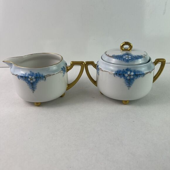 Vintage Epiag Czechoslovakia Footed Cream and Sugar Bowl Blue With Daisies - Picture 2 of 13